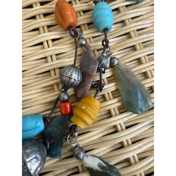 Vintage 80s Double Strand Necklace Carved Agate Trade Beads Boho - Picture 2 of 16